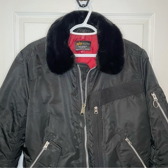 ALPHA Industries Black Bomber Jacket Fur Collar Small - Picture 2 of 7